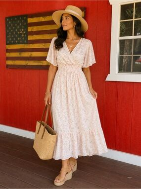 Women's Light Pink Floral Wrap Maxi Dress